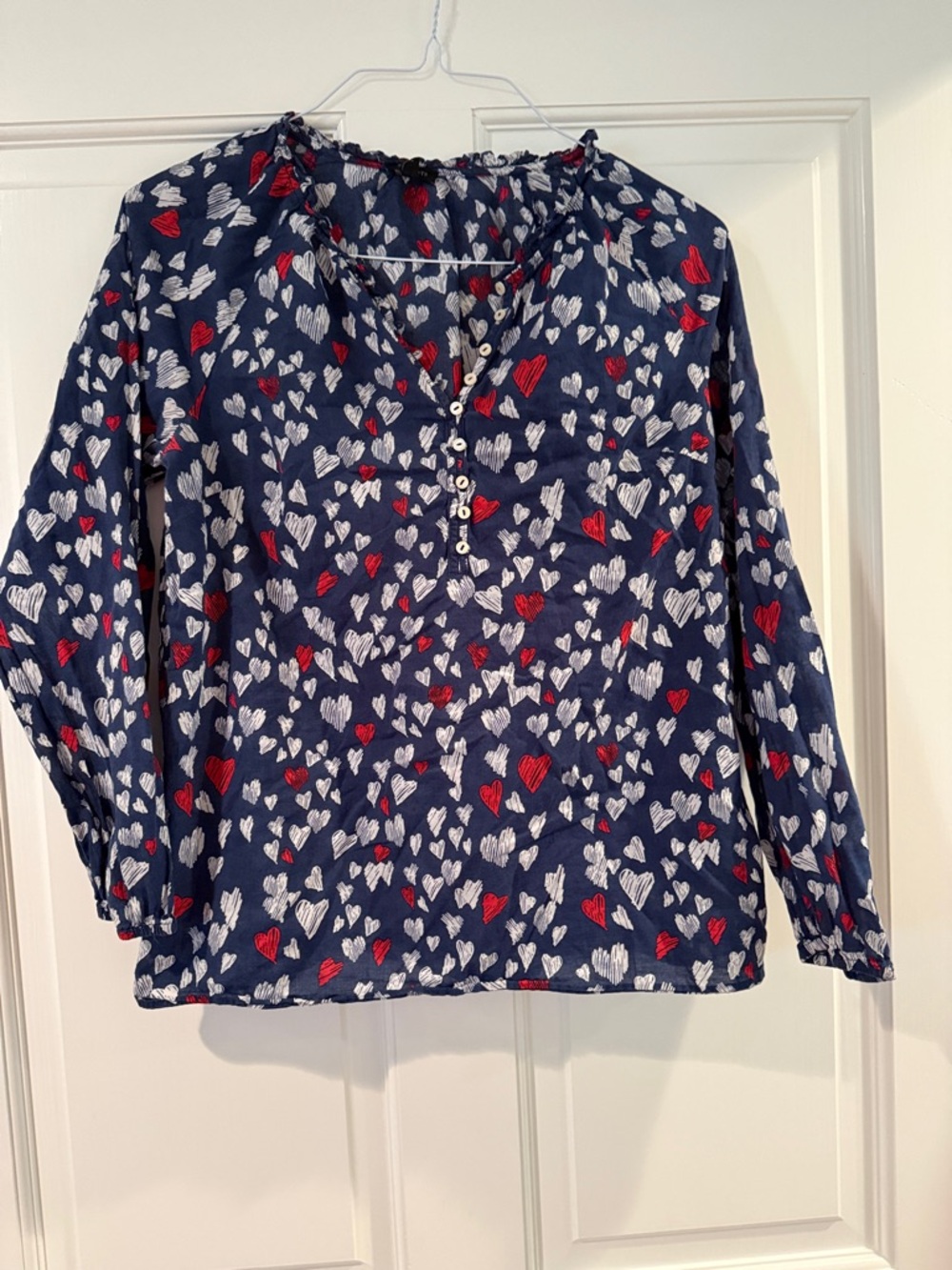 Talbots Navy Blue Heart-Print Long-Sleeve Blouse